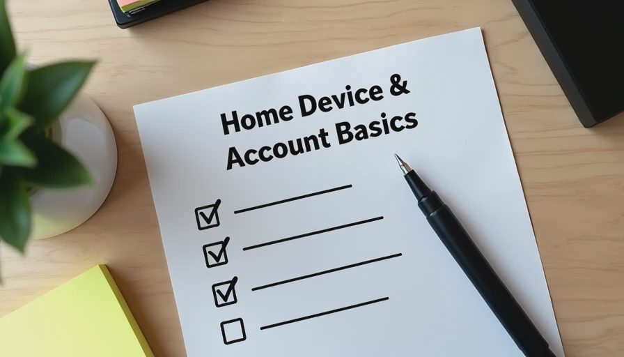 Everyday security checklist for home devices and accounts A simple printed home security checklist and pen resting on a clean desk, representing practical everyday protection steps.