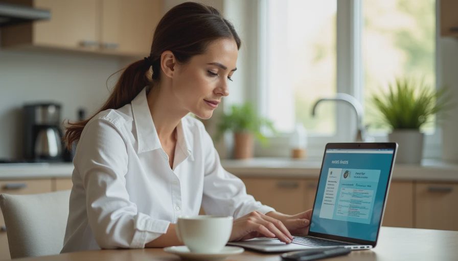 Person scrolling through a simple antivirus detection history on a laptop at a kitchen table.