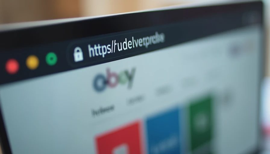 Close-up of a browser address bar on a laptop screen highlighting the domain and security padlock during an online store check.