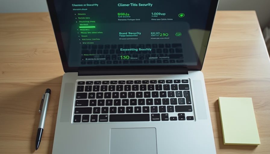 Laptop screen showing a clean antivirus dashboard with status indicators on a home desk during setup.