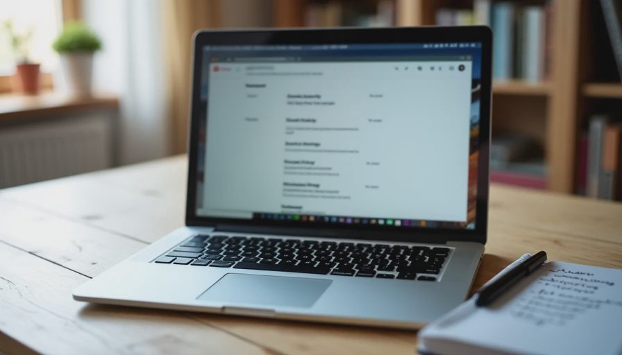 Close view of a laptop screen showing an email security settings page with recent account activity, next to a notebook and pen.