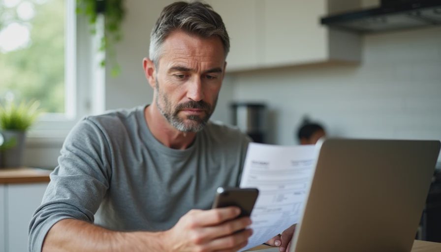 Verifying order status through official channels instead of unsolicited messages Person checking official order status on a phone and laptop while holding a printed receipt at a kitchen table.
