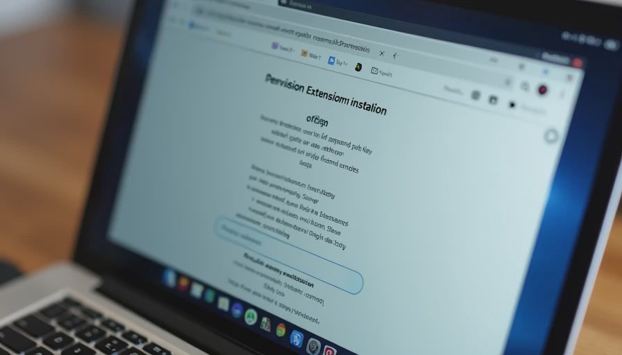 Browser extension installation prompt showing a long list of permissions on a laptop screen.