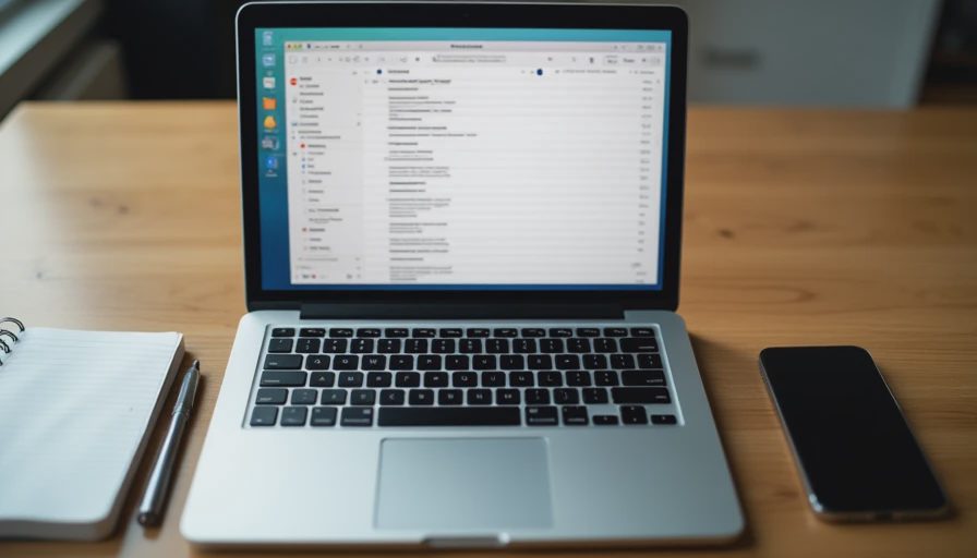 Laptop and smartphone on a desk showing an email inbox interface, representing common email-based malware entry risks.