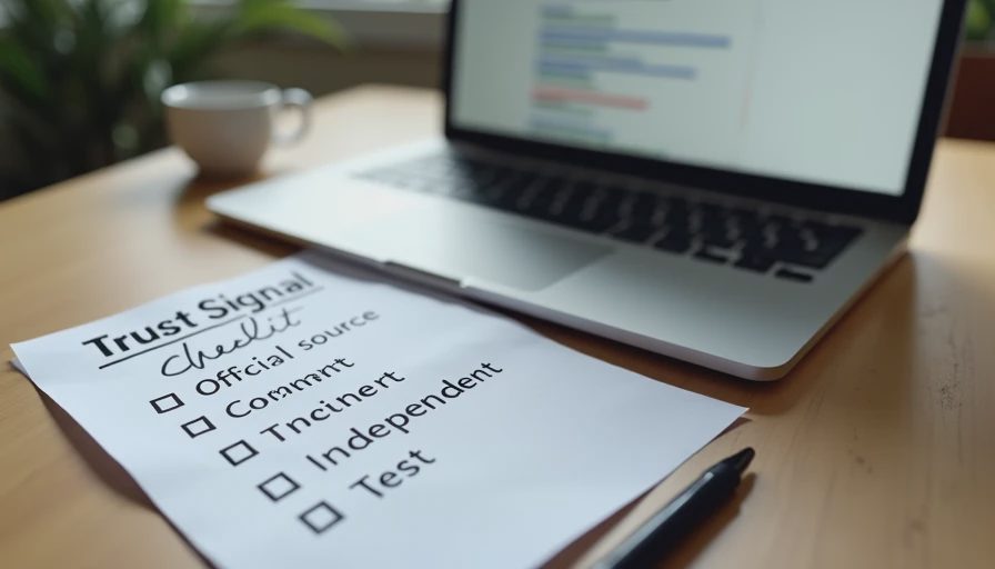 Handwritten checklist of trust signals next to a laptop showing search results for independent tests.