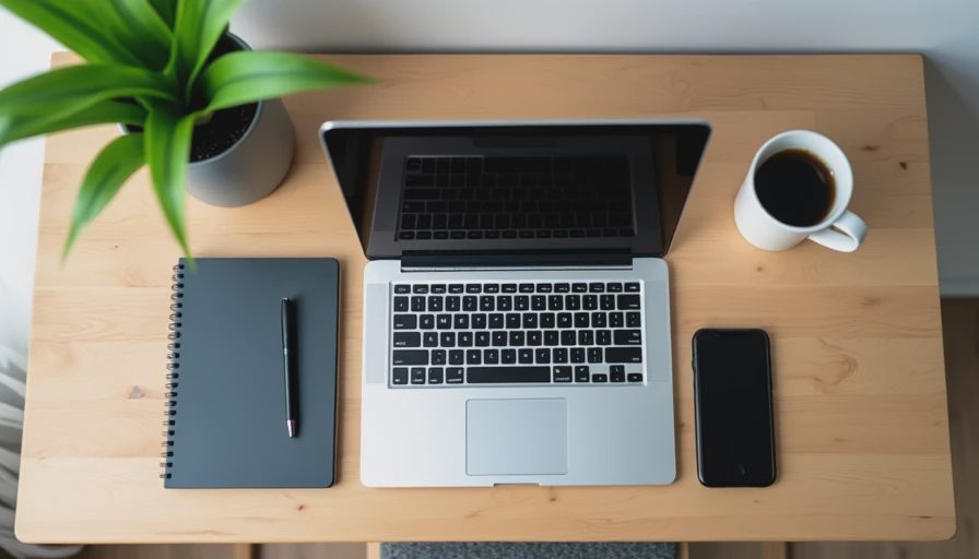 Laptop, tablet, and smartphone arranged on a family desk representing typical multi-device household coverage needs.
