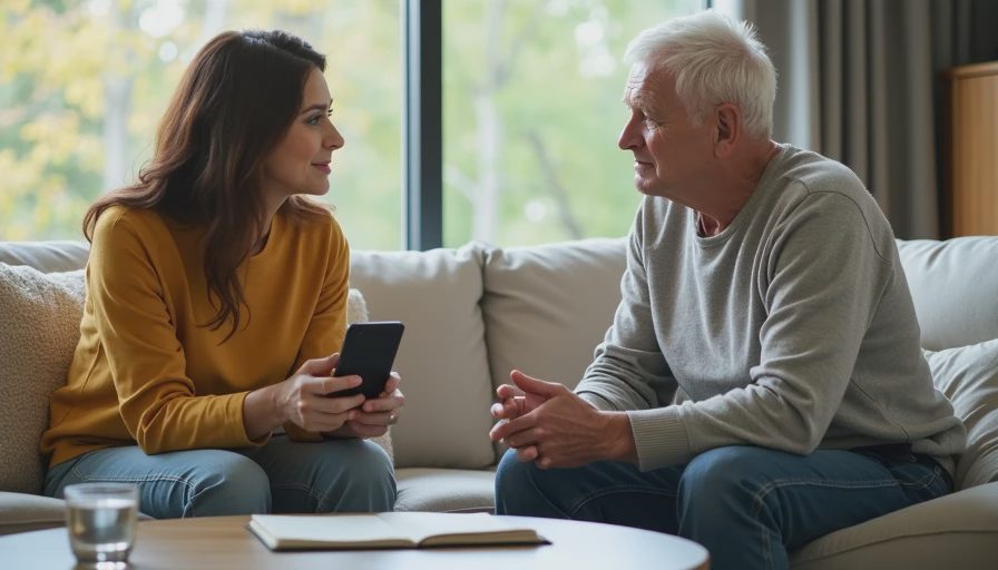 Discussing simple online safety rules in a relaxed home setting Adult child and older parent talking calmly on a living-room sofa with a phone and notebook on the coffee table.