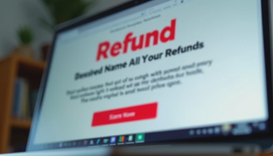 Typical layout of an unsolicited refund offer message Laptop screen showing a generic urgent refund message layout with blurred text and a prominent action button.