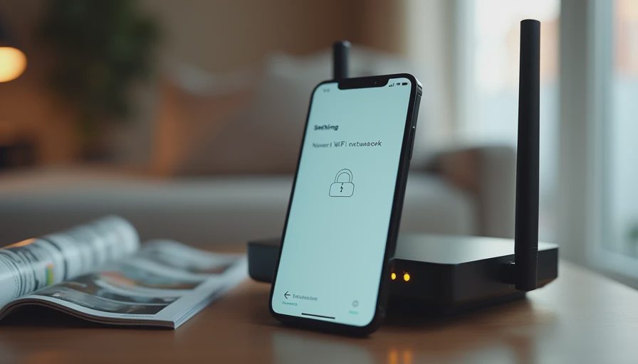 Confirming strong Wi-Fi encryption and network password from a phone Smartphone displaying Wi-Fi network settings next to a home router on a side table.