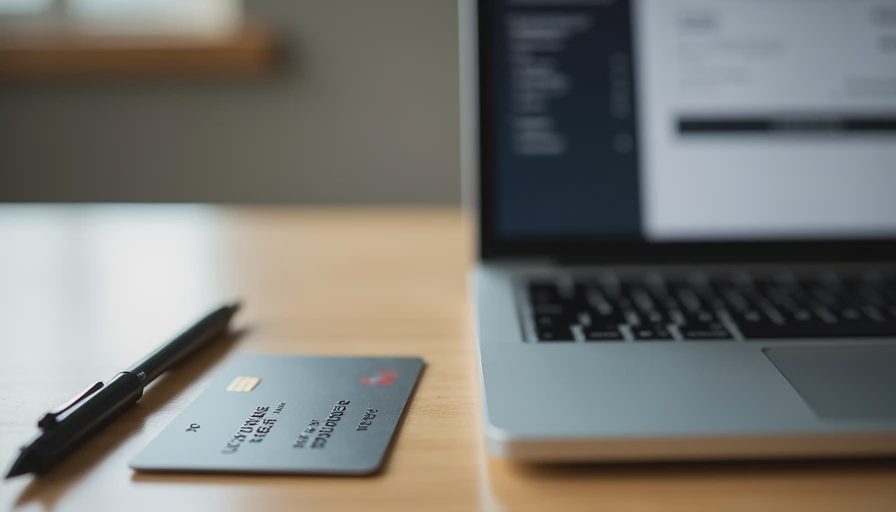 Close view of a credit card resting beside a laptop showing a generic online checkout page.