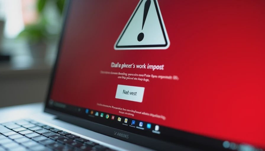 Typical full-screen layout used by fake virus alerts Laptop screen filled with a generic full-screen warning layout in red and white, illustrating typical fake alert design.