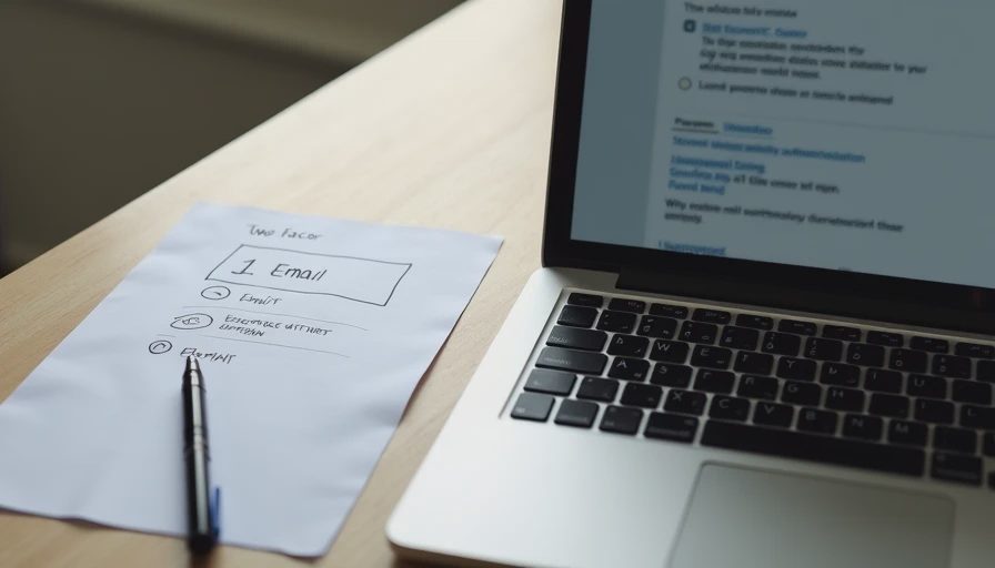 Securing the primary email account as the first step Laptop screen showing email security settings with two-factor options, next to a handwritten priority checklist.