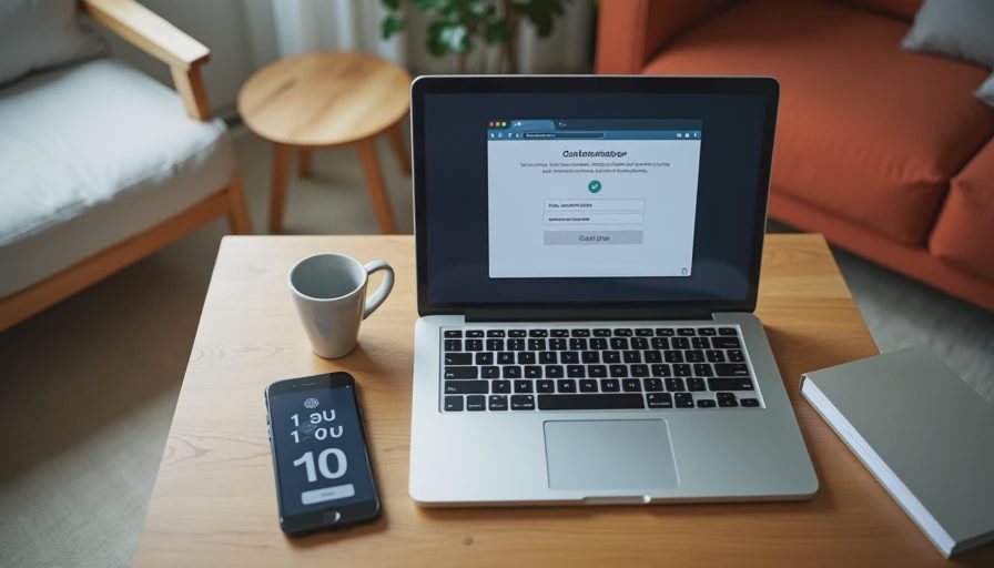 Smartphone displaying an authenticator app beside an open laptop on a living-room coffee table during two-factor setup.