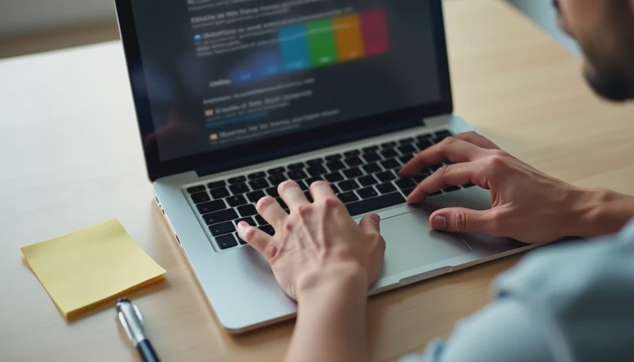 Hesitating before interacting with a suspicious browser warning Person’s hands on a laptop keyboard hesitating while a warning-style browser page is visible on screen.