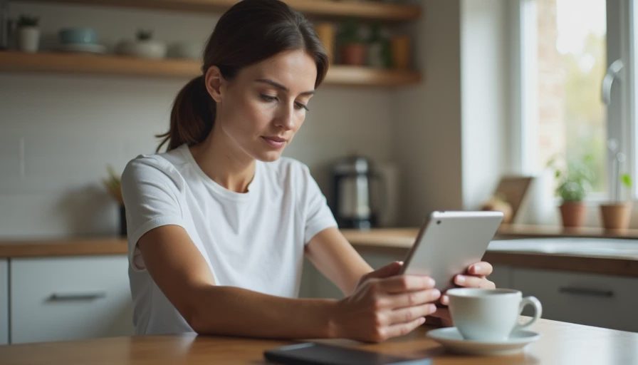 Reviewing multi-device antivirus status in a family kitchen setting Parent checking protection status of multiple family devices on a tablet while sitting at a kitchen table.
